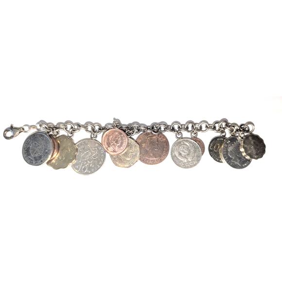 Vintage Jewelry - Vintage 925 Sterling Silver Italy International Coin Charm Bracelet 7.5 inches